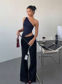 Siren Gaze 情人节勃艮第红扭纹单肩上衣女士优雅修身上衣 - 寶藍色 - 查看 3