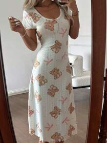 SHEIN Jacquard Knit Cartoon Bear Pattern Women Nightgown - White - View 1