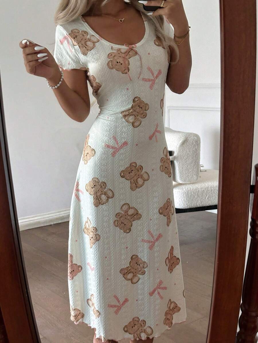 SHEIN Jacquard Knit Cartoon Bear Pattern Women Nightgown - White - View 1