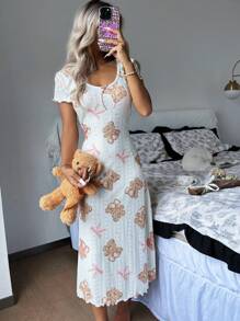 SHEIN Jacquard Knit Cartoon Bear Pattern Women Nightgown - White - View 6