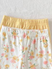 Set de 2 piezas para niñas pequeñas: Top de manga corta y ajustada, junto con pantalones estampados con flores, para un look casual y lindo para estar en casa