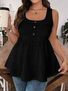 SHEIN LUNE Áo ba lỗ không tay trang trí nút viền bèo nhún cỡ lớn cho nữ - Nhiều màu - Xem 1