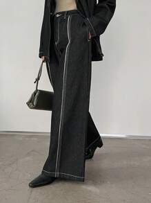 DAZY 女士宽松双色牛仔西装裤 - 深灰色 - 查看 3