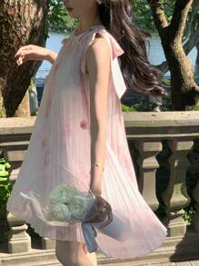 DAZY 女士夏季扎染花卉装饰吊带抽绳短款休闲迷你连衣裙，适合返校、度假、邮轮旅行等各种场合。 - 粉色 - 查看 5