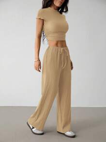 SHEIN PETITE 2件套女士夏季纯色短袖短款上衣和裤子套装 - 卡其色 - 查看 7