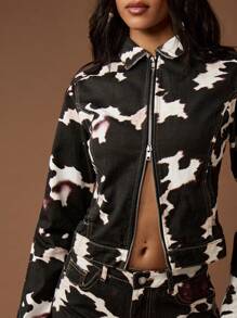 MISSGUIDED Western Cowgirl Denim Jacket Crop Top Cow Print Festival Ranch Rodeo Country Zipper Front Long Sleeve Fashion Outerwear - Black and White - View 4