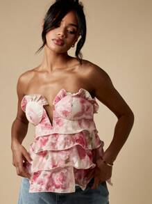 MISSGUIDED Áo corset xếp nếp hoa mùa hè Áo cánh peplum dự tiệc tối thanh lịch nhiều lớp cho khách dự tiệc cưới - Nhiều màu - Xem 5