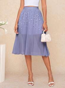 Ellevyn Falda de gasa azul de alta calidad, de corte delgado, con pliegues y cuentas, elegante y nueva, para el verano