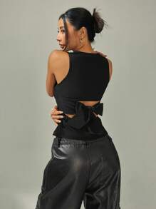 Aloruh Women Summer Solid Color Round Neck Fitted Tank Top Y2k - Black - View 5