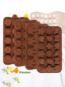 4pcs/Pack Flower, Leaf & Maple Leaf Shaped Silicone Chocolate Molds, Candy Molds, Ice Cube Trays, 3D DIY Jelly Gummy Truffle Cube Cake Baking Mold Kitchen Accessories - Coffee Brown - View 1