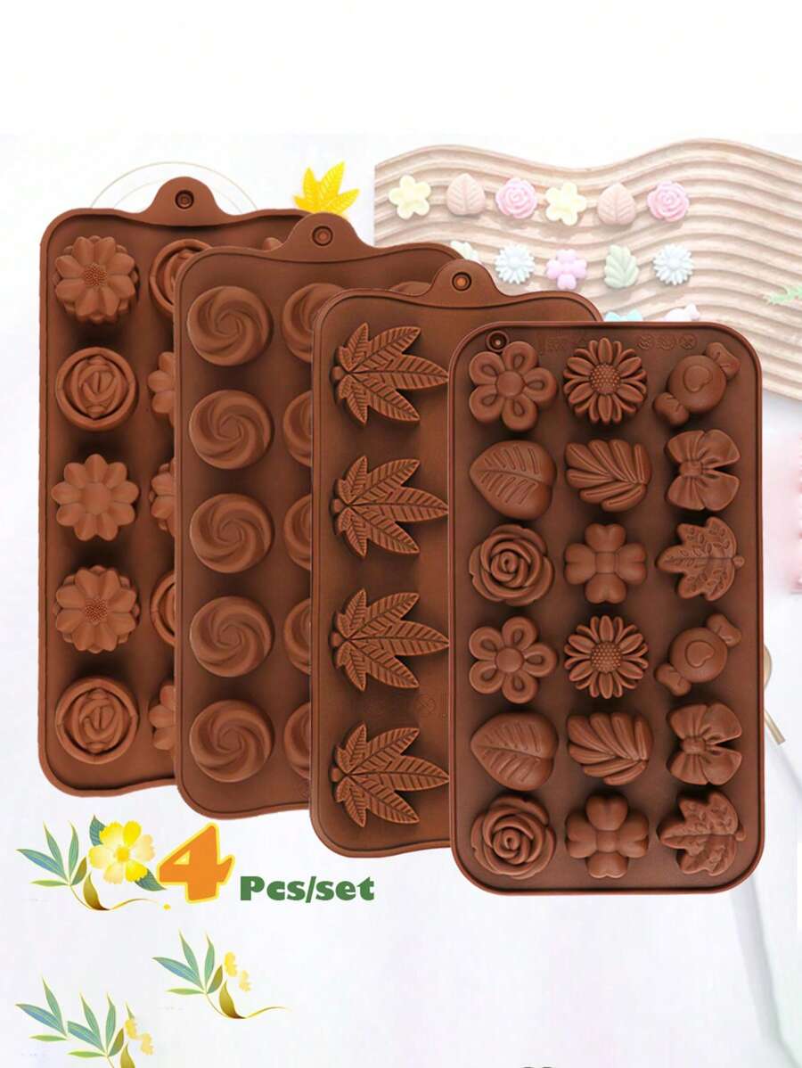 4pcs/Pack Flower, Leaf & Maple Leaf Shaped Silicone Chocolate Molds, Candy Molds, Ice Cube Trays, 3D DIY Jelly Gummy Truffle Cube Cake Baking Mold Kitchen Accessories - Coffee Brown - View 1