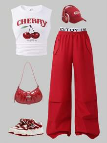 SHEIN Sparklyn 少女休闲白色字母和樱桃印花背心 + 黑色直筒工装裤 2 件套，春夏 - 紅色 - 查看 1