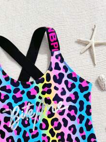 SHEIN 女童连体泳衣，蓝色渐变豹纹图案，银色烫花，可调节肩带，优雅精致，适合游泳、度假、夏季 - 彩色 - 查看 5