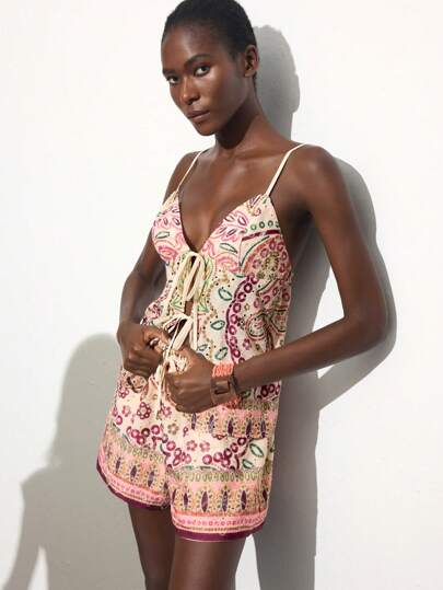 Maija Women's Totem Print 2-Piece Summer Outfit, Including V-Neck Camisole Top With Bowknot And Comfy Shorts. Bohemian/Resort Style Suitable For Music Festivals, Vacation And Graduation Women Summer Clothes Dress