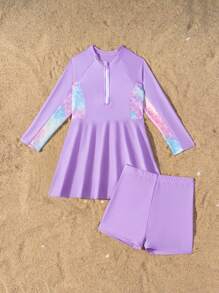 Conjunto de bikini con top tipo camiseta y Bottom para niñas con estampado de escamas de pez y pantalones cortos de unicolor - Multicolor - Ver 3