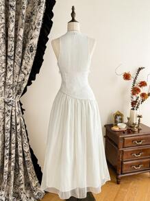 Vintamour Vintage Elegant Women's Dress Organza Jacquard Patchwork Floral Brooch Lace Maxi Dress Formal Holiday Party Occasions Summer Dresses For Women Summer Outfits For Women White Dress Graduation Dress White Dresses For Women Summer Clothes Vacation Outfits Woman Dresses For Women Summer Wedding Guest Dress Women Sun Dresses For Women Prom Dress Maxi Dresses For Women Graduation Dresses For Women Wedding Dress Formal Dresses Birthday Dresses Vacation Dress - Beige - View 4