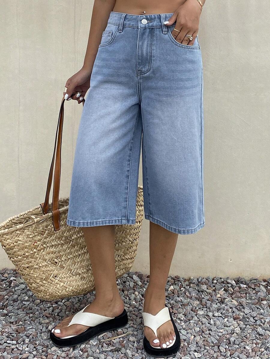 Livesso 女士宽松休闲复古牛仔短裤，夏季牛仔短裤 - 藍色 - 查看 1