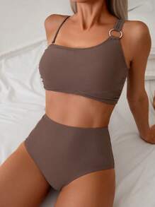 SHEIN Swim Bộ Bikini Cổ Bất Đối Xứng Màu Trơn Đi Biển Mùa Hè Cho Nữ - màu nâu - Xem 8