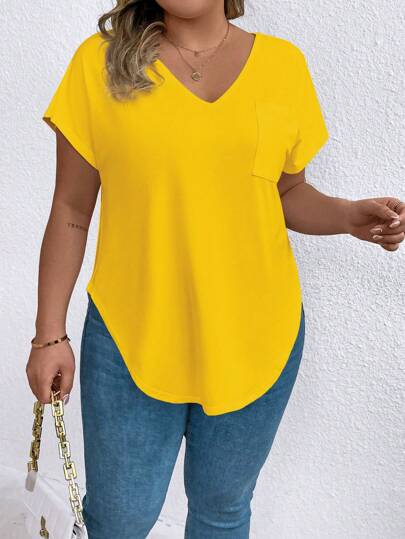 EMERY ROSE Plusstorlek enfärgad asymmetrisk fåll avslappnad kortärmad t-shirt, sommar