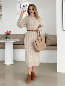 Womens Winter Dress Solid Color Cable Knit Pattern Turtleneck Long Sweater Dress Beige Sweater Dress Cable Knit Sweater Dress Midi Sweater Dress Turtleneck Sweater Dress