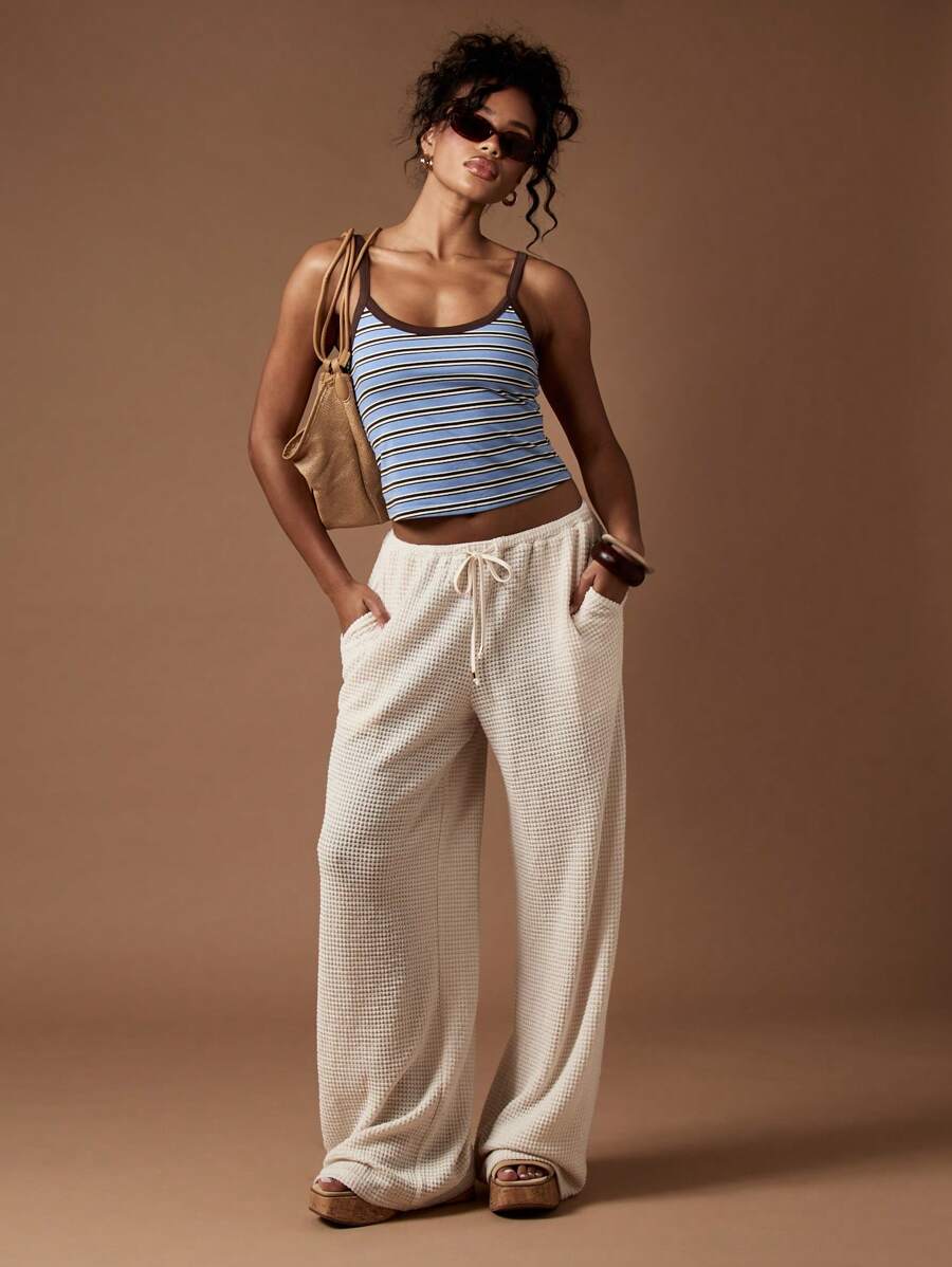 MISSGUIDED Wide Leg Waffle Knit Palazzo Lounge Pants Leisure Resort Wear Casual Beach Summer Holiday Comfort Women Pants Cozy Breathable Boho