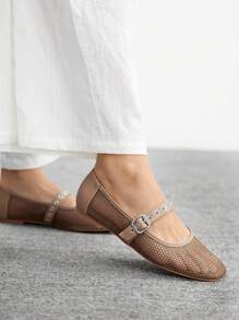 CUCCOO BIZCHIC Women's Brown Grid & PU Mixed Color Patchwork Square Toe 1cm Chunky Heel Casual Flats