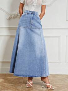 SHEIN Essnce 女式长款休闲百搭牛仔A字裙，带口袋 - 淺色水洗藍 - 查看 4