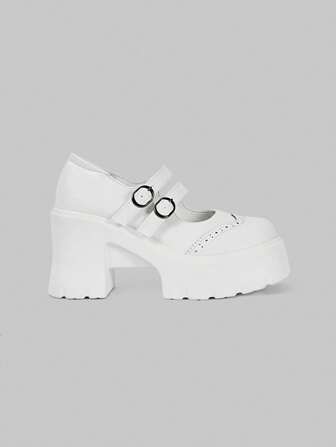 Grunge Punk Scarpe Mary Jane da donna con suola spessa e tacco largo, novità primavera/estate 2025, in PU bianco, punta rotonda, tacco alto platform, con cinturino singolo