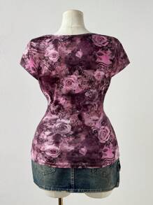 Flirla Plus Size Women's Cowl Neck Short Sleeve Puff Sleeve Rose & Cashew Flower Vintage Print Slim Fit Casual T-Shirt, Spring/Summer  Vintage - Multicolor - View 2