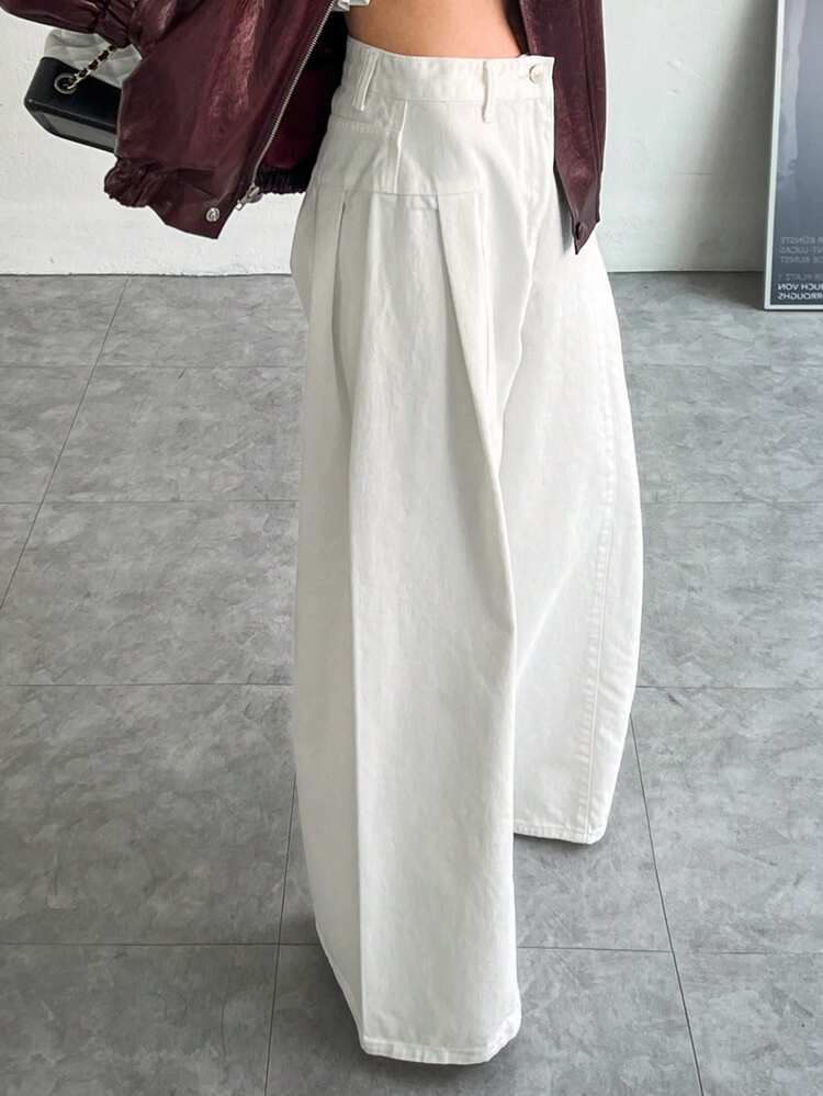 Women's Solid Color Loose Ruched Patchwork Wide Leg Casual White Versatile Pants, All Season Fall