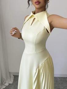 Modelyn Vintage Square Neck Sleeveless Stylish French Style Dress - Light Yellow - View 3