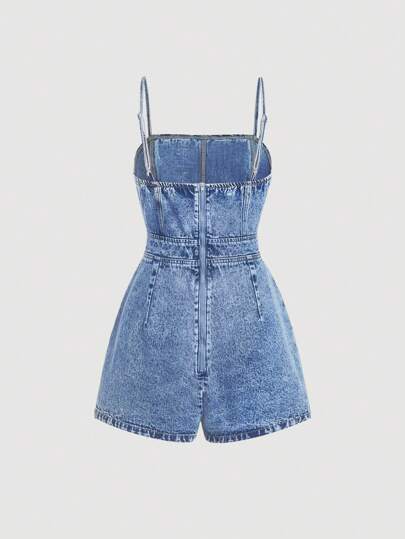 SHEIN MOD Women's Fitted Bib Denim Romper, Blue