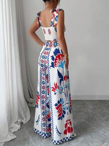 Elenzga Bộ đồ hai mảnh in họa tiết thanh lịch thời trang giản dị ngày lễ lãng mạn tiệc âm nhạc bohemian mùa hè hiện đại áo crop top hai dây và quần ống rộng ống đứng - Màu xanh lam - Xem 2