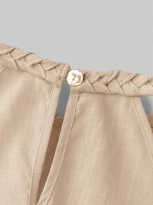 Ontre 2pcs Set Tween Girls Fashion Unique Crochet Style Halter Ruffled Hem Loose Solid Color Pants Casual Outdoor Summer Vacation Soft Comfortable Minimalistic & Versatile - Khaki - View 4