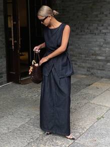 DAZY 女式休闲圆领无袖束腰背心和宽松长裙两件套，中性牛仔夏季服装 - 深色水洗藍 - 查看 4