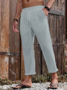 Genlund Quần ống đứng túi trơn thường ngày cho nam, Quần mùa hè đa năng Quần vải lanh Quần vải lanh cho nam - Xám - Xem 3