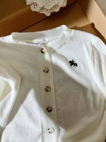 Comfortcana Cardigan bianco corto con maniche corte e bottoni ricamati per donna