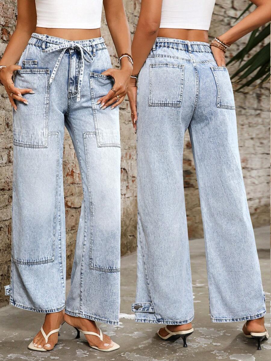 SHEIN Holidaya Women Lace-Up Light Blue Washed Denim Jeans - Blue - View 1