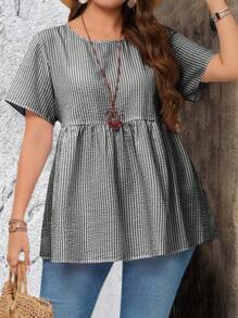EMERY ROSE 加大码条纹印花圆领休闲短袖束腰上衣时尚衬衫，适合夏季 - 藏蓝色 - 查看 1