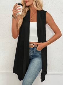 SHEIN LUNE 无袖开襟纯色不对称下摆背心，适合秋冬季女士办公室穿着，休闲百搭。 - 黑色 - 查看 1
