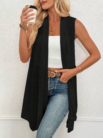 SHEIN LUNE Sleeveless Open Front Solid Color Asymmetric Hem Vest Top Office Outfits For Women In Fall/Winter,Casual