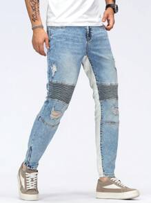 Manfinity Roughcore Men's Fashionable Ripped Skinny Fit Denim Jeans - Light Wash - View 3