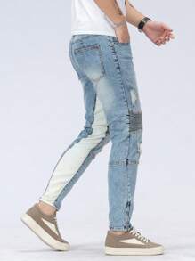 Manfinity Roughcore Men's Fashionable Ripped Skinny Fit Denim Jeans - Light Wash - View 8