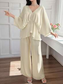 DAZY 2pcs/Set Women Summer V-Neck Ruffle Trim Blouse And Loose Casual Long Pants Leisure Outfit,Back To School Clothes