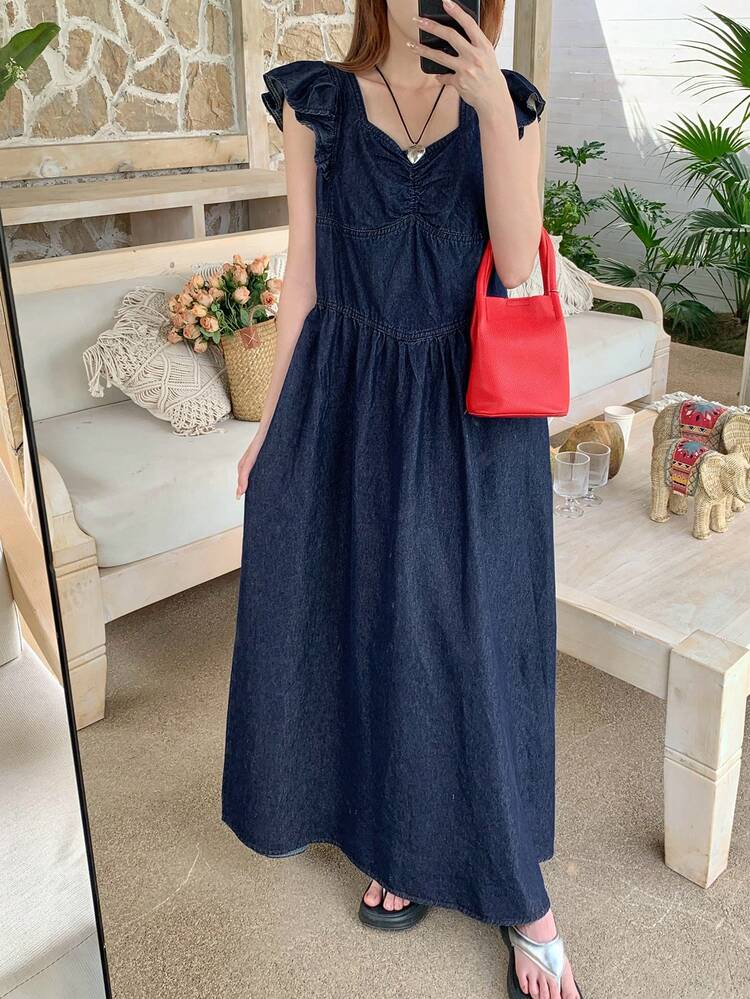 Summer New Elegant Denim Dress For Women,Ruffle Maxi Dress