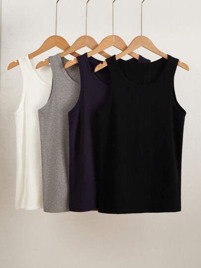 4pcs/Set Boy & Youth Casual Loose Sleeveless Crew Neck Tank Top, Solid Color Slim Fit Sportswear Singlet, Summer Back To School Fashion