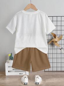 SHEIN 2 pièces/Ensemble T-shirt à manches courtes imprimé de lettres simple et décontracté avec short pour garçons, tenue d'été