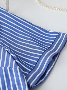 SHEIN LUNE 大码女式休闲优雅条纹心形刺绣短袖纽扣领长款正装衬衫 - 寶藍色 - 查看 5