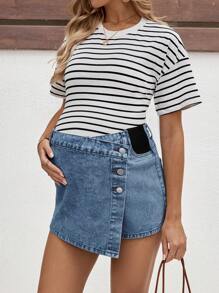 SHEIN Szorty jeansowe dla kobiet w ciąży w kolorze niebieskim, obcisłe szorty casualowe - Średni jeans - Zobacz 5