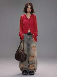 Coolane Women's Spring/Summer Date Night Concert Streetwear Textured Pleated Ruffle Blouses - Burgundy - View 4